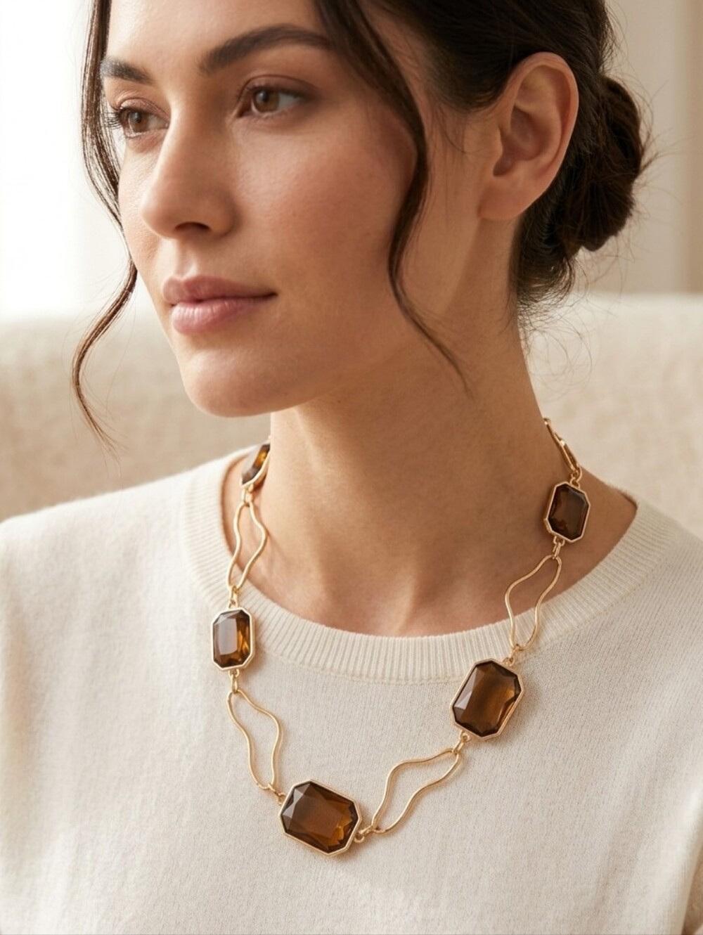 Natasha Couture Gold-Tone Necklace with Smoky Brown Octagon Stones NWT